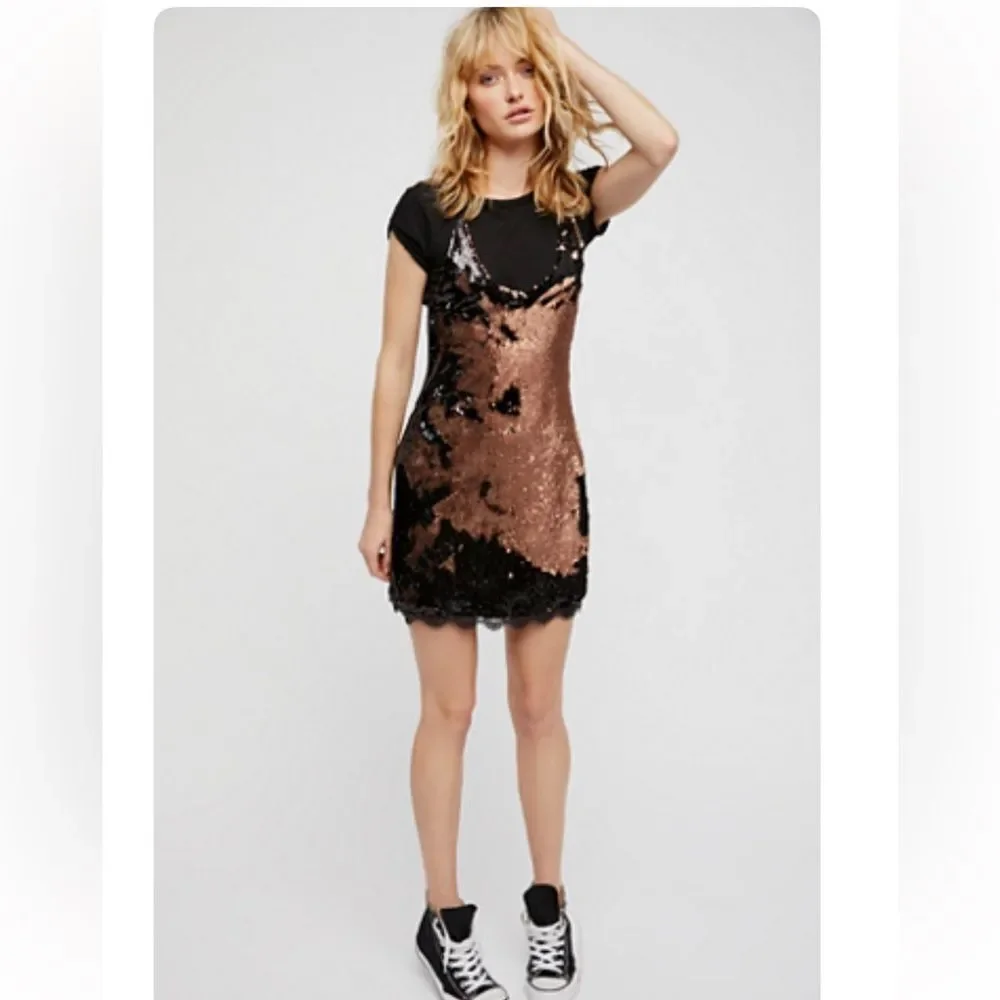 Free People Seeing Double Sequin Slip Dress in Black and Rose Gold S NWOT
